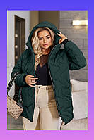 Жіноча стьобана демісезонна куртка батал пляшкового кольору середньої довжини з капюшоном