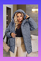 Жіноча стьобана демісезонна куртка батал графітова середньої довжини з капюшоном