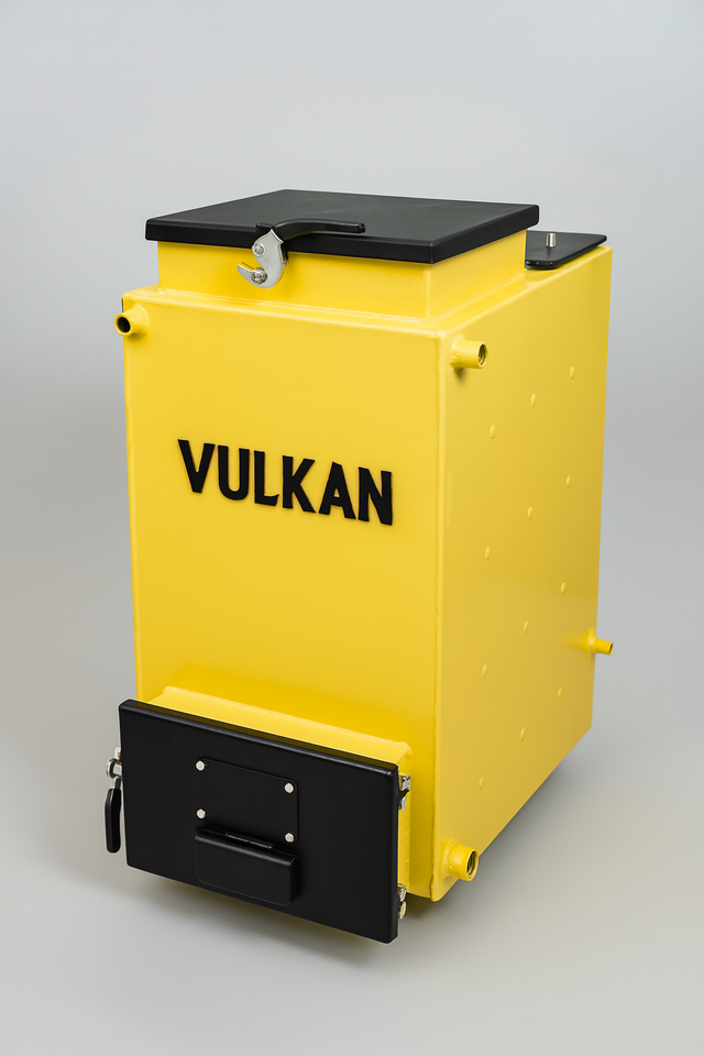 Изображение твердотопливного котла-утилизатора Vulkan EKO 7 кВт. Предназначен для экономного отопления домов и дач, работает на дровах и угле, обеспечивает стабильную теплопередачу и длительное горение. Котел утилизатор Vulkan EKO 7 кВт — твердотопливный экономичный котел для отопления дома