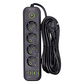 Мережевий фільтр 4.35 м подовжувач на 4 розетки з 3 USB 1 Type-C та кнопкою відключення HP-5-14