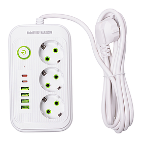 Мережевий фільтр кабель 2,7 м подовжувач F16 на 3 розетки 4 usb 2 type-c та кнопкою відключення Білий HP-5-19