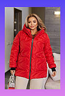 Жіноча стьобана демісезонна куртка батал червона середньої довжини з капюшоном
