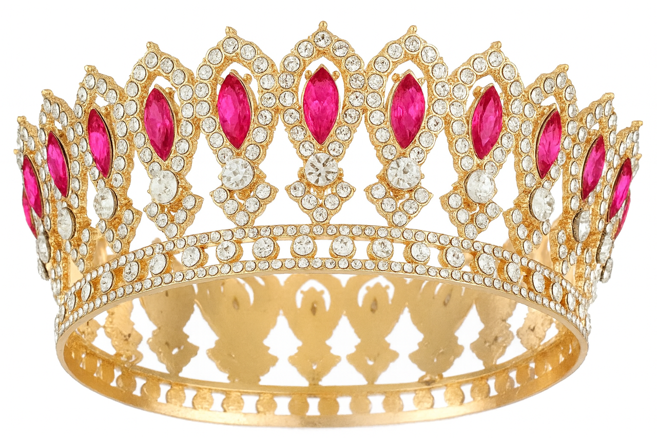 Корона металева 009 золота з яскраво-рожевим камінням (стиль барокко)