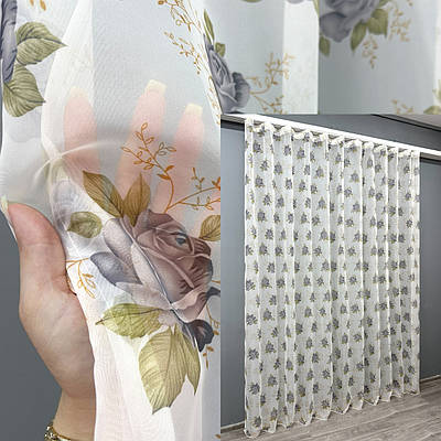 Тюль шифонова з принтом. Колір білий з сірим. Код 1801т