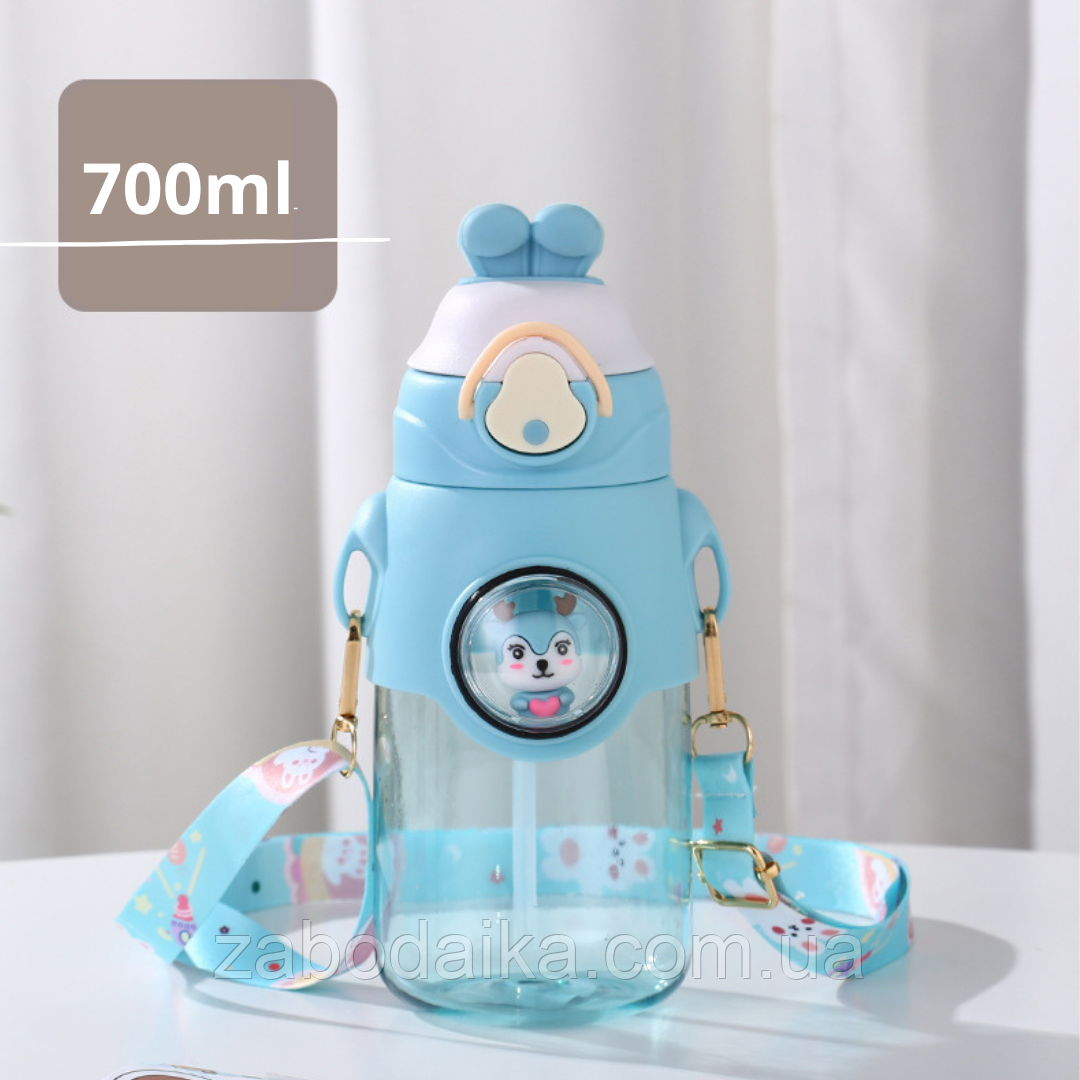 Дитяча пластикова пляшка для води 700 мл, з ремінцем, трубочка, застібка з запобіжником, поїльник дитячий, фото 1