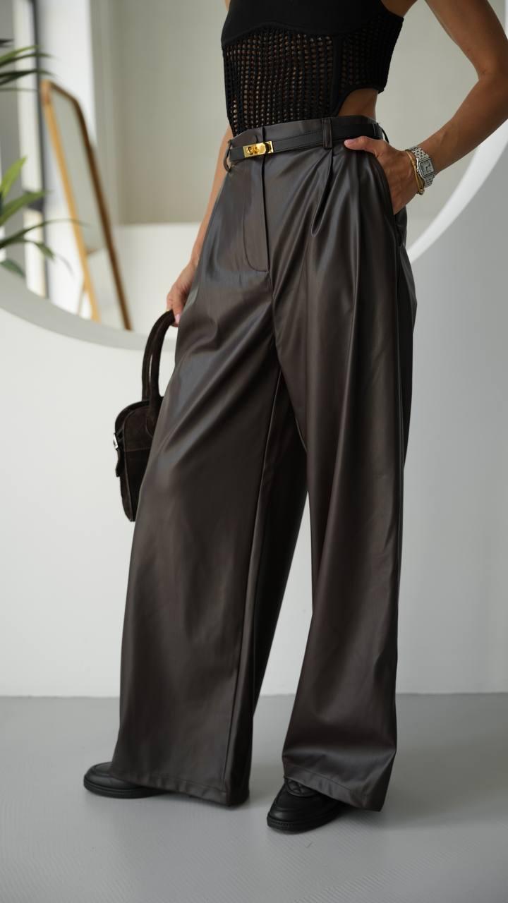 Жіночі шкіряні штани палаццо з екошкіри на замшевій основі з високою посадкою, 42, 44,46, фото 1