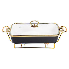 Марміт порцелянаовий із скляною кришкою 40х22.5х15.5 см на металевій підставці 2 л Чорний HTJ-1003