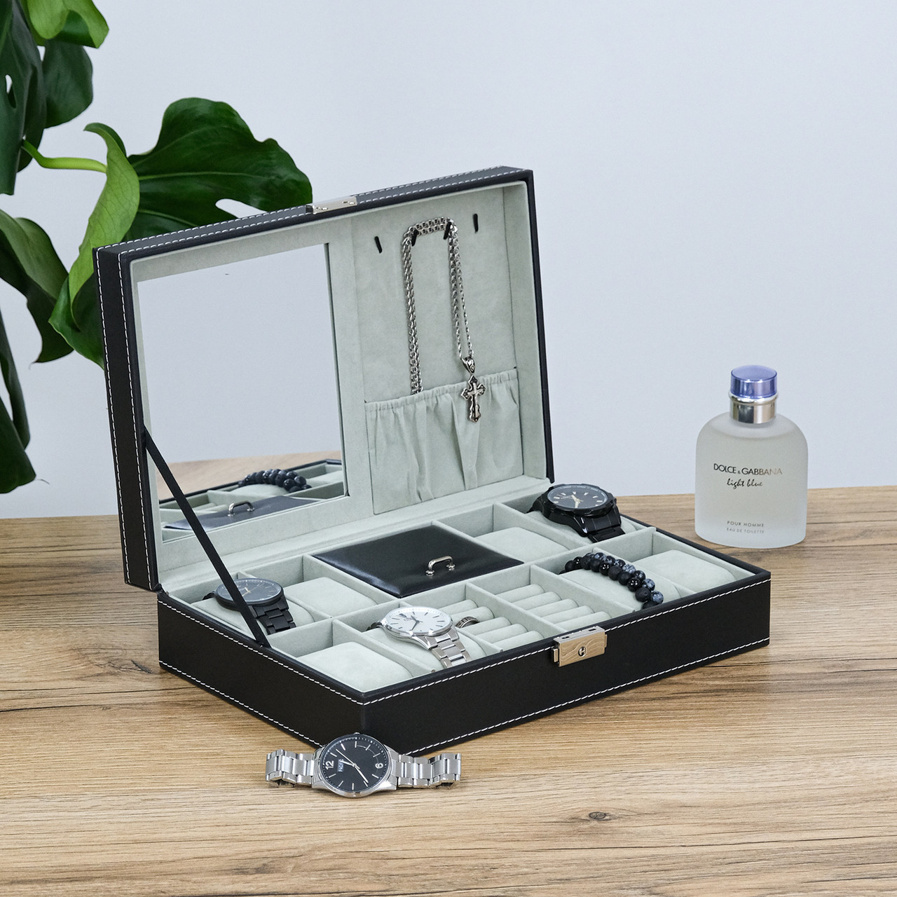 Скринька для зберігання 8 наручних годинників та прикрас з дзеркалом на кришці виконана з якісної екошкіри, фото 1