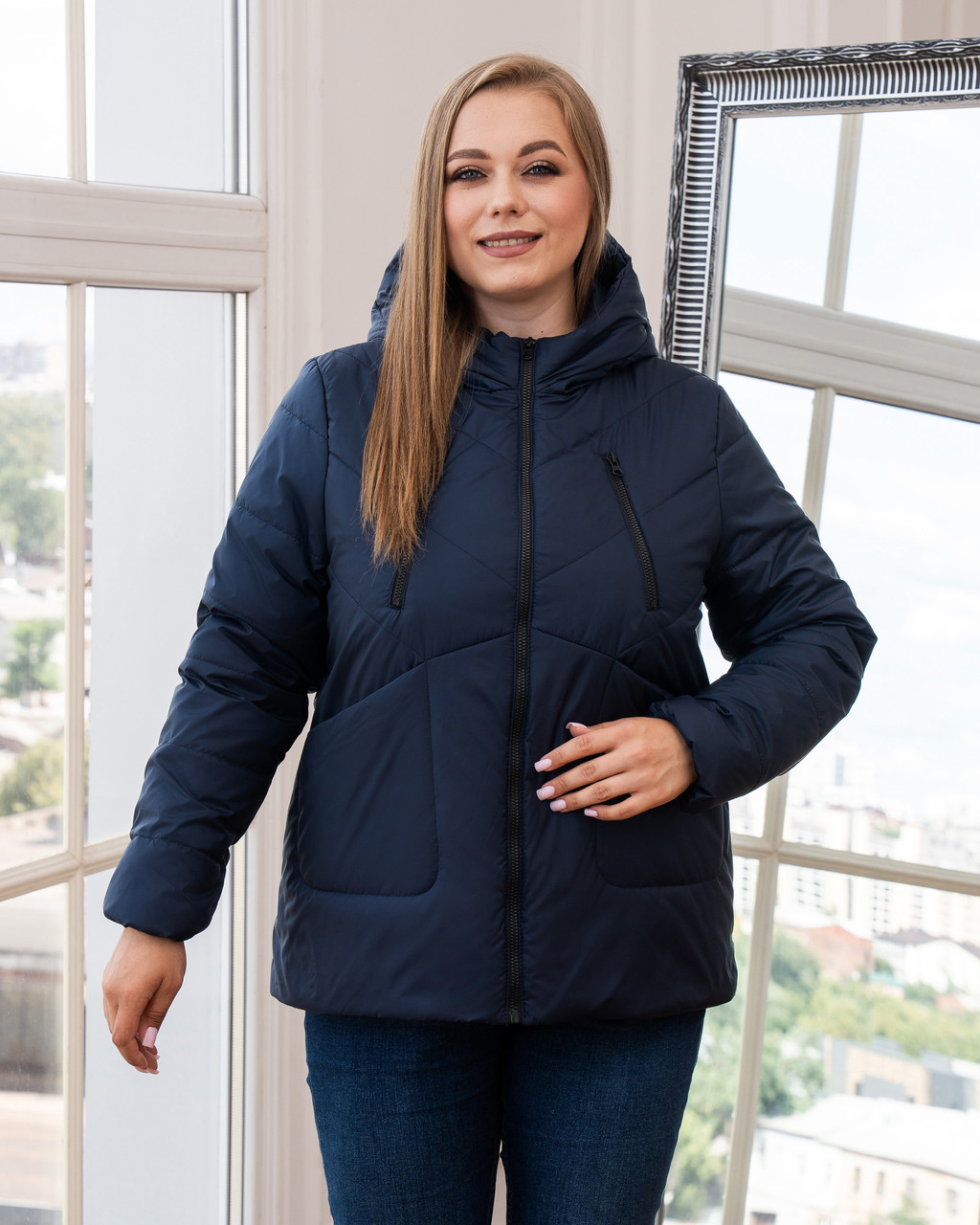 Осіння жіноча куртка великого розміру 44-58 синій, фото 1