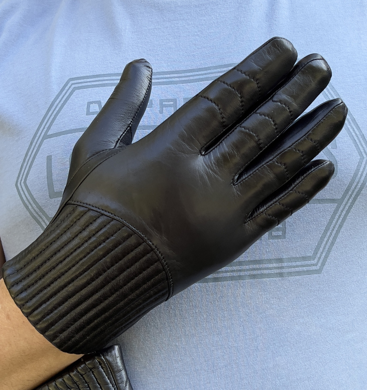 Чоловічі шкіряні рукавички темно-синього кольору з підкладкою (сенсорні), фото 1