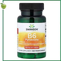 Вітамін B6, піридоксин, 100 мг, 100 веганських капсул, Swanson, США