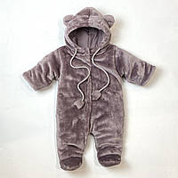 Плюшевый теплый комбинезон с утеплителем для девочки пудровый