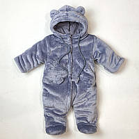Плюшевый теплый комбинезон с утеплителем для малышей сине-серый