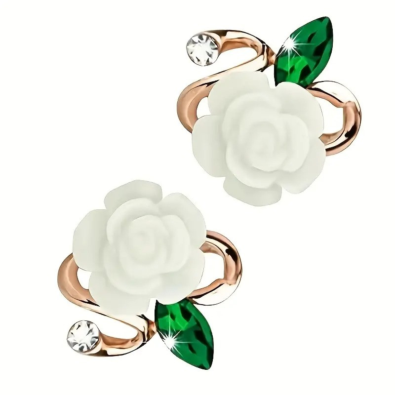 Золотисті сережки-цвяшки з білою трояндою та блискучими стразами 2 см AurumLux309, фото 1