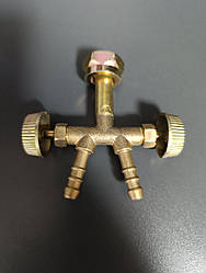 Кран-трійник для газового балона різь ліва W21,8 мм, подвійний штуцер на газовий балон