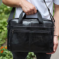 Шкіряна чоловіча сумка-портфель 38х28х8, сумочка для роботи та щоденних справ, чоловічий шопер, чорна