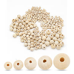 Набір Намистин Дерев'яні Круглі, Незабарвлені, Бежевий, 8-16мм, отвір 2-3мм, 250шт/набір