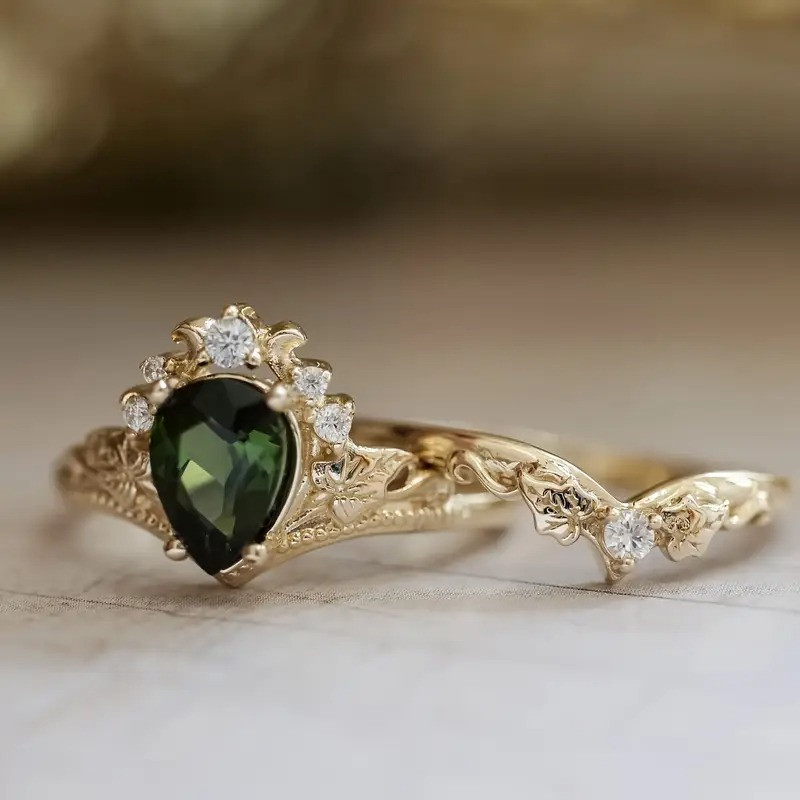 Парні обручки набір золотисті із зеленим цирконом AurumLux318, фото 1