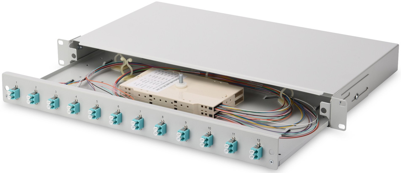 Оптична панель DIGITUS 19' 1U, 12xLC duplex, incl, Splice Cass, OM3 Color Pigtails, Adapter, фото 1