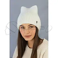 Шапка жіноча кішка з шерсті кролика утеплена полоскою флісу з вушками Braxton 5511 білий