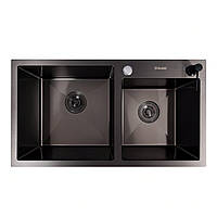 Кухонна мийка 78*43 PVD чорна на дві чаші VALESO Handmade (3.0/0.8)