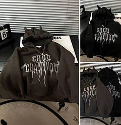 Тепле жіноче худі з ріжками оверсайз із принтом молодіжне на флісі, коричневе, чорне, розмір 42/48