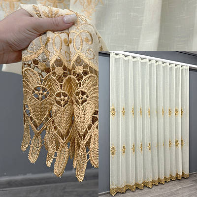 Готова тюль (3х2,7м.) льон з мереживом. Колір молочний з золотистим. Код 1805т 40-107