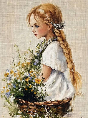 Набір для вишивання за нанесеною на канву схемою "Дівчинка в кошику з квітами 2".AIDA 14CT printed, 30*40 см