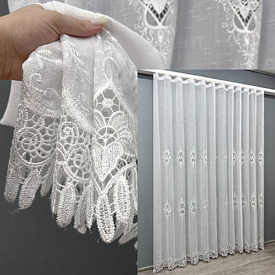 Готова тюль (3х2,7м.) льон з мереживом. Колір білий. Код 1806т 40-105