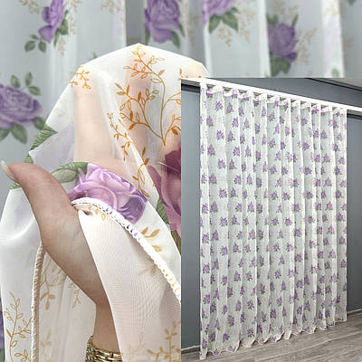 Тюль шифонова з принтом. Колір білий з бузковим. Код 1800т