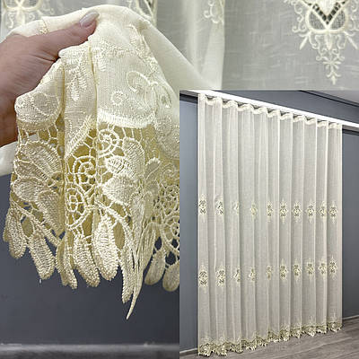 Готова тюль (3х2,7м.) льон з мереживом. Колір кремовий. Код 1804т 40-106