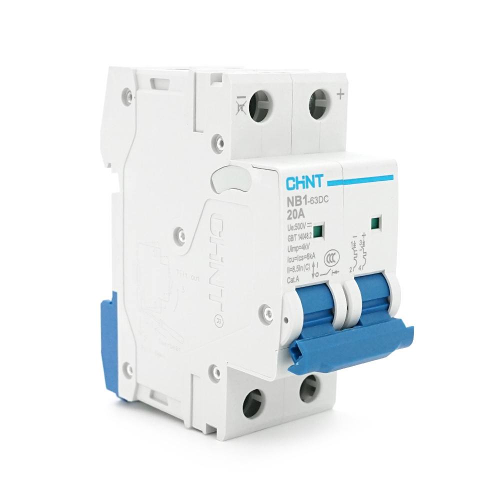 Автоматичний вимикач постійного струму CHNT NB1-63DC 2P C20 DC500V, 20A, 6kA, DIN, 86*36*49.5mm, фото 1