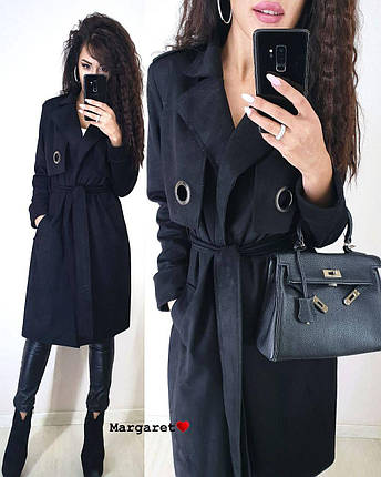 Пальто тренч рівного крою з поясом із замші з поясом, фото 1