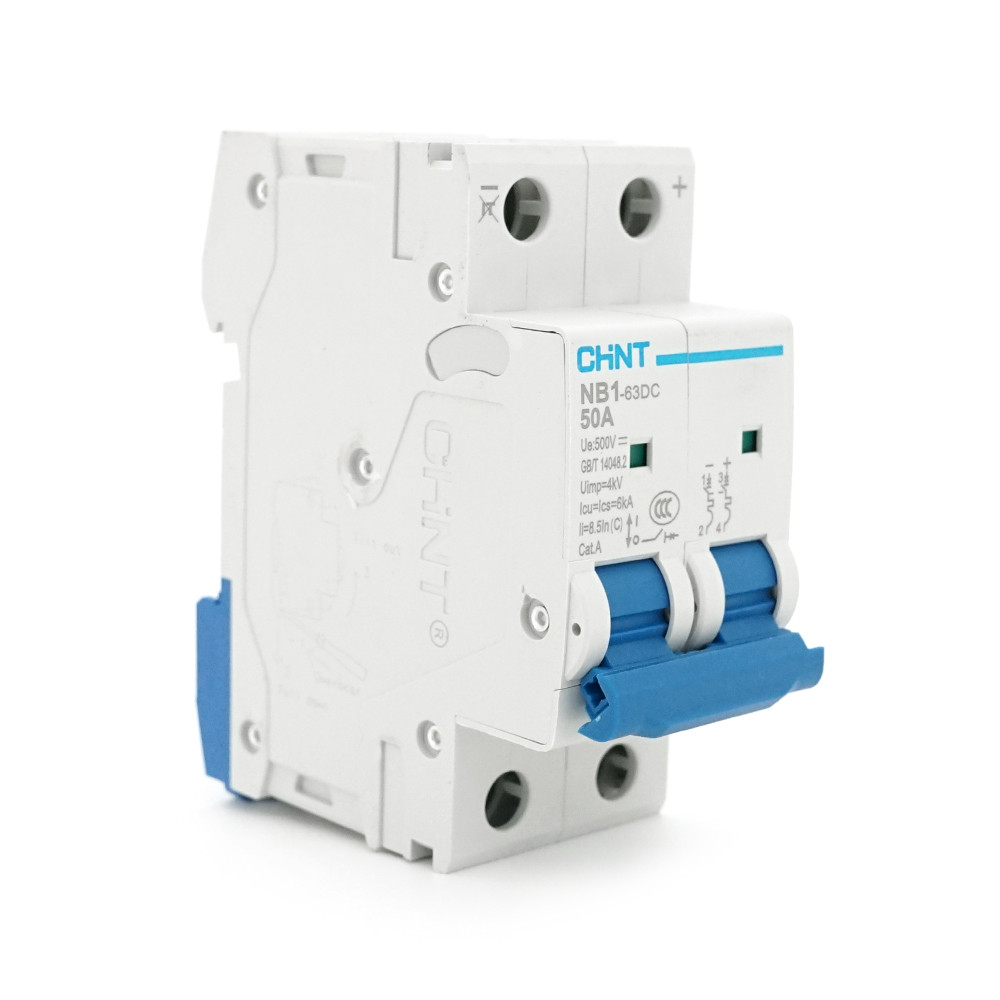 Автоматичний вимикач постійного струму CHNT NB1-63DC 2P C50 DC500V, 50A, 6kA, DIN, 86*36*49.5mm, фото 1