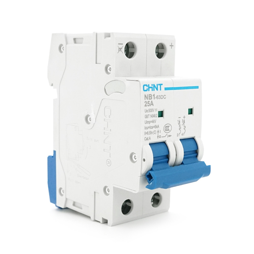 Автоматичний вимикач постійного струму CHNT NB1-63DC 2P C25 DC500V, 25A, 6kA, DIN, 86*36*49.5mm, фото 1