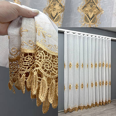 Готова тюль (3х2,7м.) льон з мереживом. Колір білий з золотистим. Код 1803т 40-108