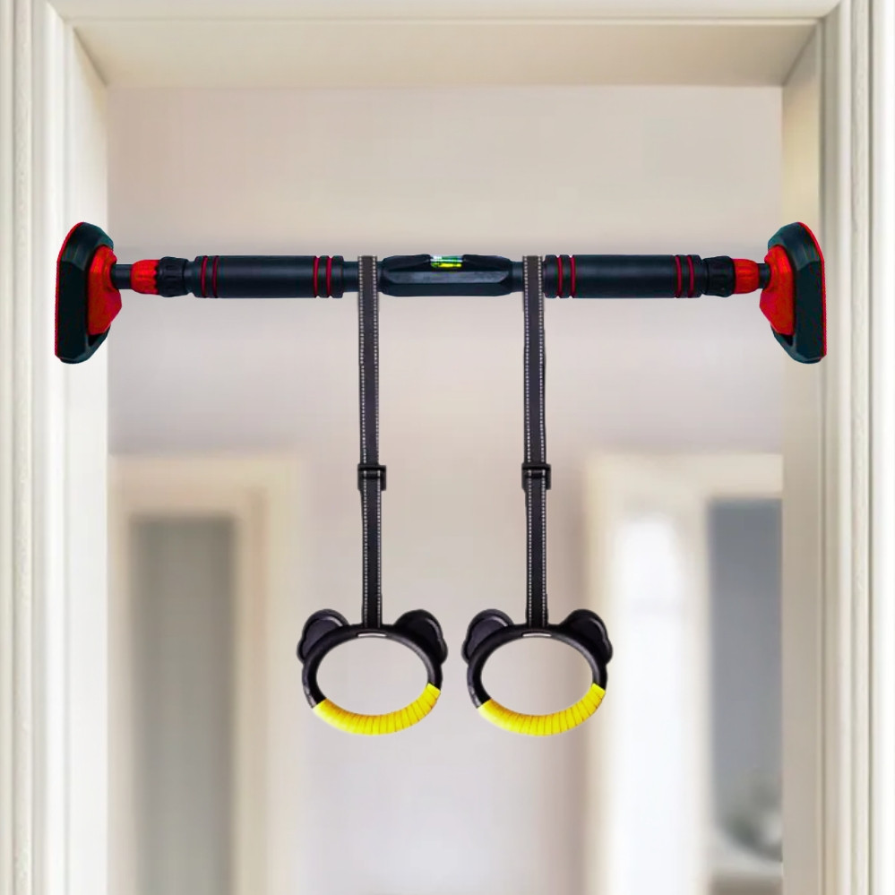 Турник розпірний у дверний отвір з рівнем та гімнастичними кільцями поперечина для підтягування вдома, фото 1