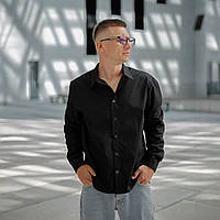 Рубашка стильная универсальная удобная черная мужская классическая приталенная однотонная