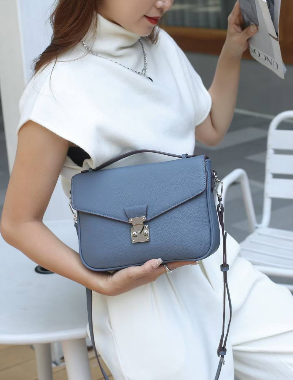 Шкіряна сумка з клапаном і ремінцем на плече С101-КТ-4228 Синя, фото 1