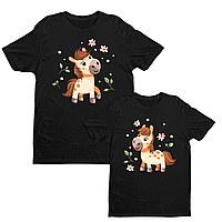 Футболки парні чорні з оригінальним новорічним принтом "Закохані коні. Пара коней у квітах" Push IT
