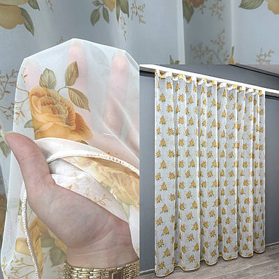 Тюль шифонова з принтом. Колір білий з помаранчевим. Код 1807т