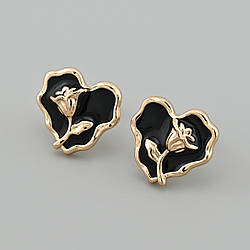 Сережки гвоздики Троянди 55774 розмір 16х16 мм чорна емаль вага 6.5 г позолота 18К