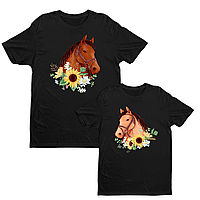 Футболки парні з оригінальним новорічним принтом "Закохані коні. Пара коней у соняшниках" Чорний Push IT