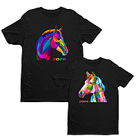Футболки парні з оригінальним новорічним принтом "Кольорові коні. Пара коней " Чорний Push IT