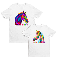 Футболки парні з оригінальним новорічним принтом "Кольорові коні. Пара коней " Білий Push IT