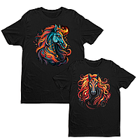 Футболки парні з оригінальним новорічним принтом "Кольорові коні. Вогняні коні" Чорний Push IT