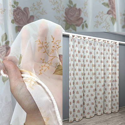 Тюль шифонова з принтом. Колір білий з пудровим. Код 1808т