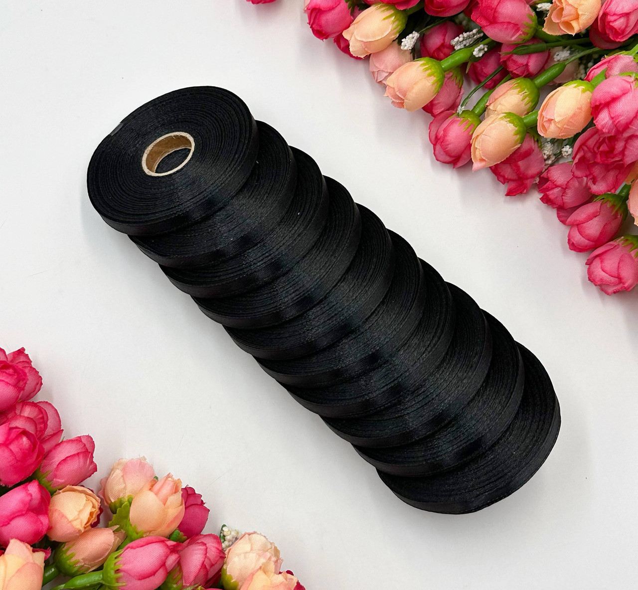 Атласна стрічка для рукоділля - 0.6 см x 23 м (опт, 10 рулонів) / Чорний, фото 1