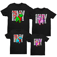 Футболки Фемілі Лук Family Look для всієї родини з новорічним принтом «Коні Happy New Year» Чорний Push IT