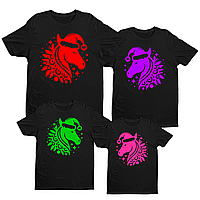 Футболки Фемілі Лук Family Look для всієї родини з новорічним принтом «Кольорові коні» Чорний Push IT